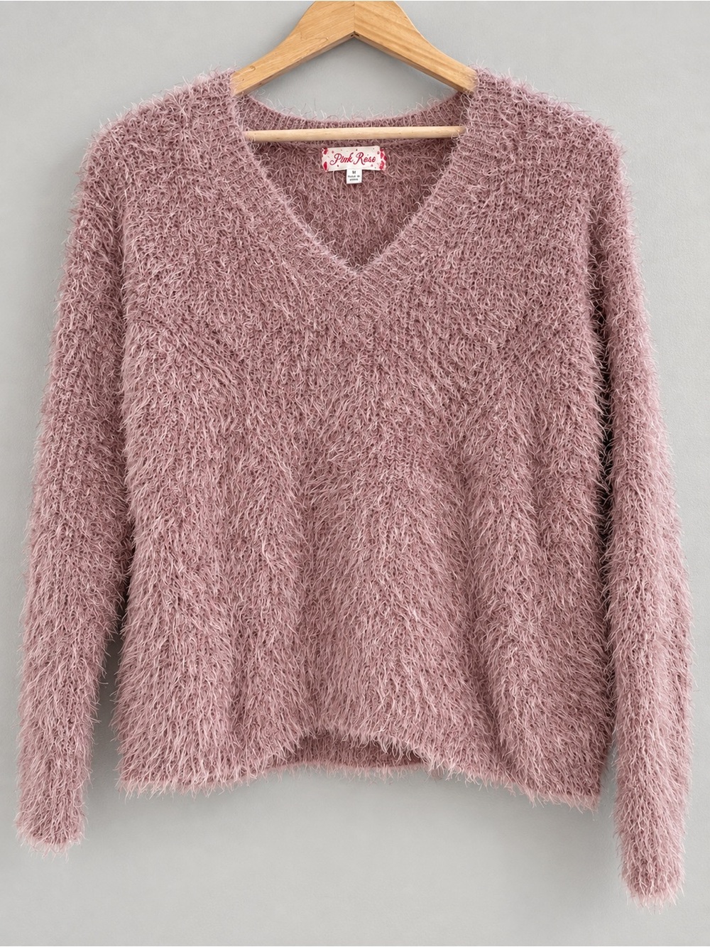 Pink Rose Women’s Medium Dusty Pink Fuzzy Eyelash Knit V-Neck Sweater Y2K